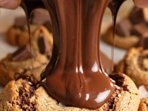 Giant chocolate chip cookie with gooey melted chocolate center, broken in half