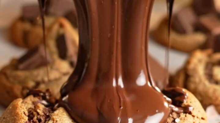 Giant chocolate chip cookie with gooey melted chocolate center, broken in half