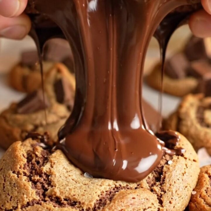 Giant chocolate chip cookie with gooey melted chocolate center, broken in half