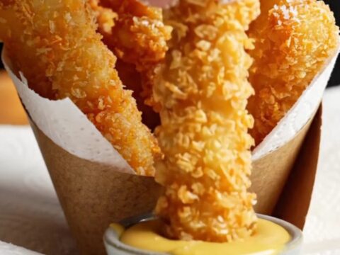 A paper cone filled with golden crispy chicken fries, with a small bowl of honey mustard dip beside it.