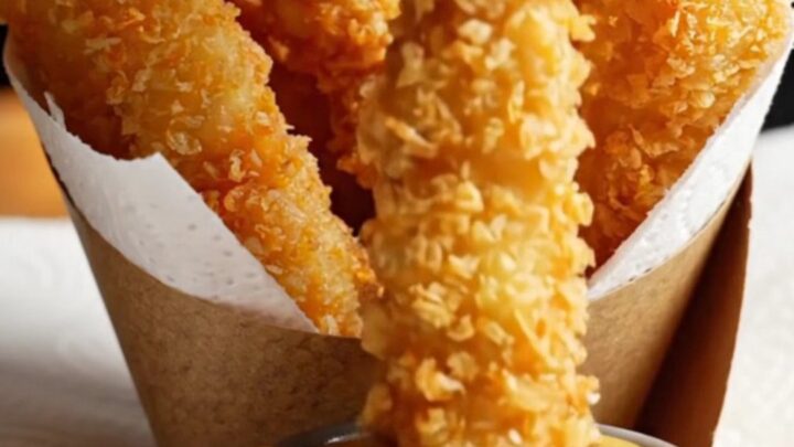 A paper cone filled with golden crispy chicken fries, with a small bowl of honey mustard dip beside it.