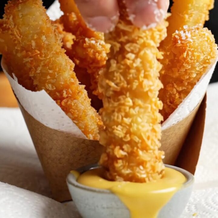 A paper cone filled with golden crispy chicken fries, with a small bowl of honey mustard dip beside it.