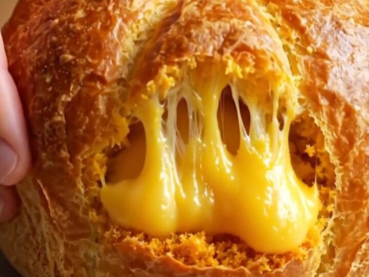Golden-brown pumpkin-shaped brioche buns with feta cheese filling, one pulled apart showing melted cheese