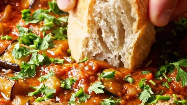 Turkish meatball and roasted vegetable casserole in an earthenware dish, with parsley and crusty bread