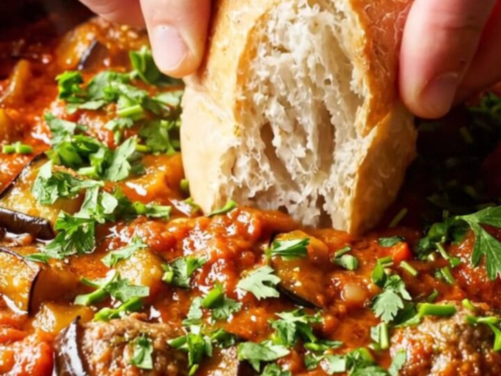 Turkish meatball and roasted vegetable casserole in an earthenware dish, with parsley and crusty bread