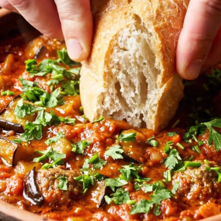 Turkish meatball and roasted vegetable casserole in an earthenware dish, with parsley and crusty bread