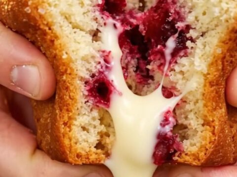 Tall bakery-style muffin with golden crunchy top, showing juicy strawberries and melted white chocolate inside