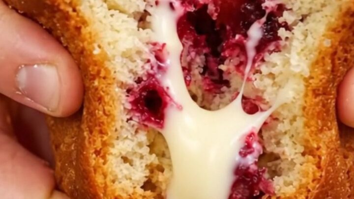 Tall bakery-style muffin with golden crunchy top, showing juicy strawberries and melted white chocolate inside