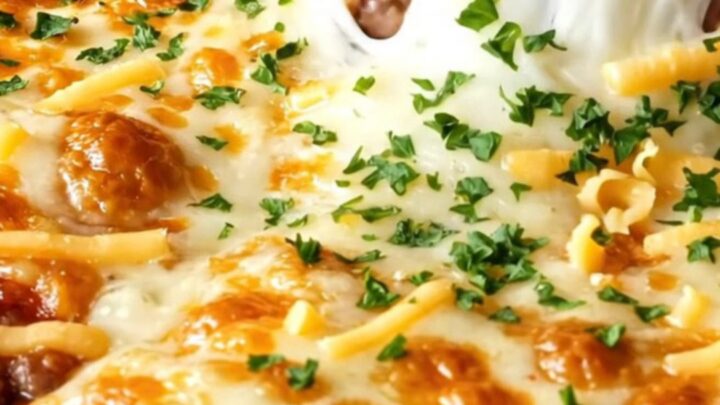 Golden, bubbling casserole pie with melted cheese pull and beef filling