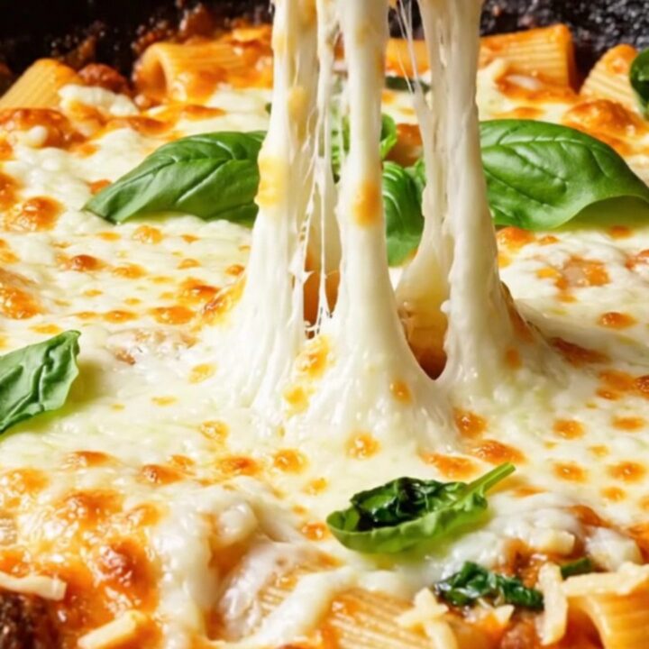 Spoon scooping creamy rigatoni with melted mozzarella pulling in long threads