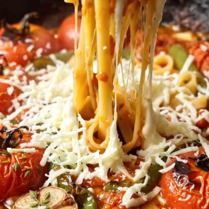 Tagliatelle pasta coated in roasted tomato sauce with melted mozzarella, topped with fresh basil in a skillet.