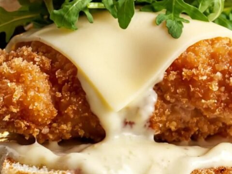 A crispy chicken Alfredo sandwich on toasted garlic ciabatta, cut in half showing melted provolone and arugula.