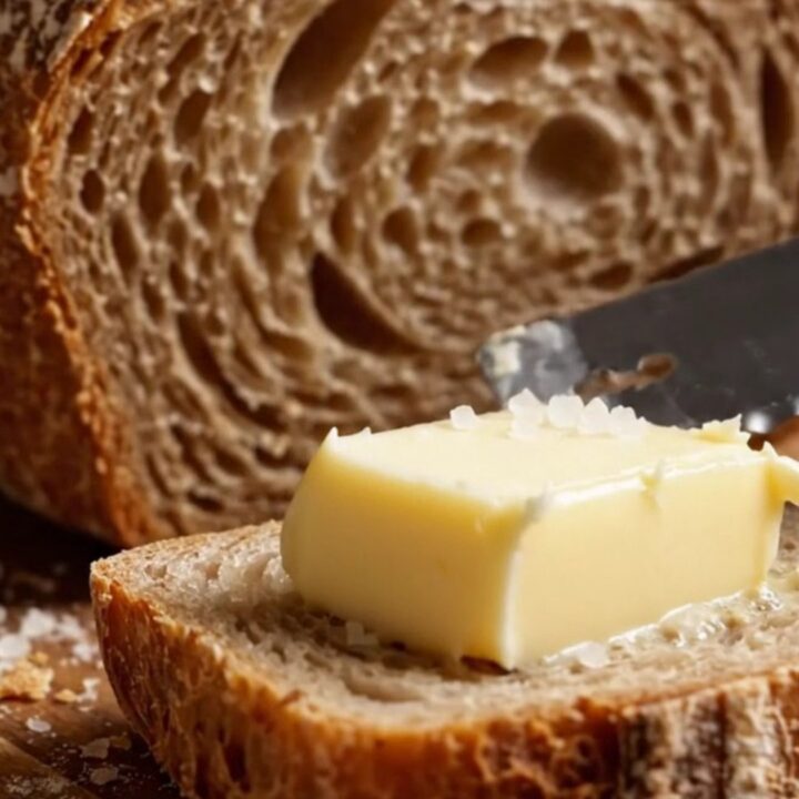 A dark golden sourdough boule with a blistered crust, sliced to show an airy crumb