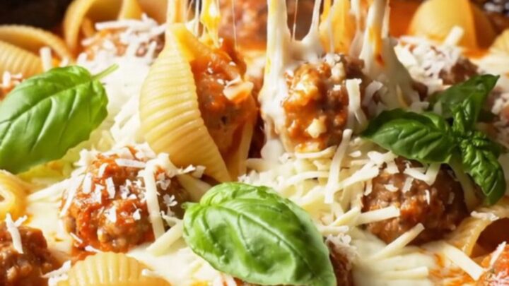 One-pan shell pasta and meatball bake with melted mozzarella and parmesan, garnished with fresh basil.