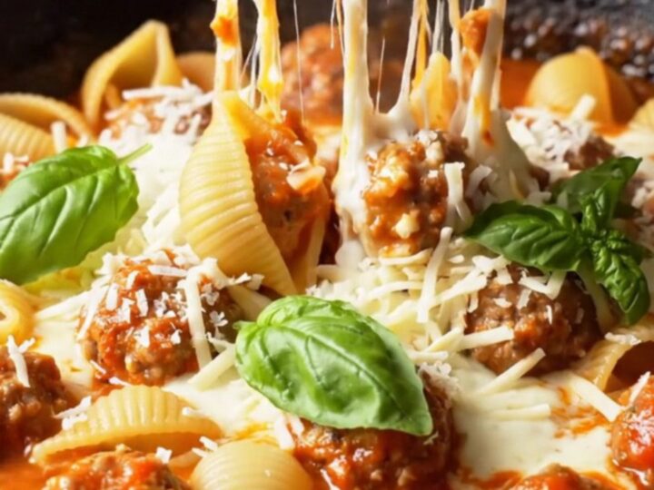 One-pan shell pasta and meatball bake with melted mozzarella and parmesan, garnished with fresh basil.