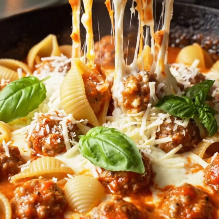One-pan shell pasta and meatball bake with melted mozzarella and parmesan, garnished with fresh basil.