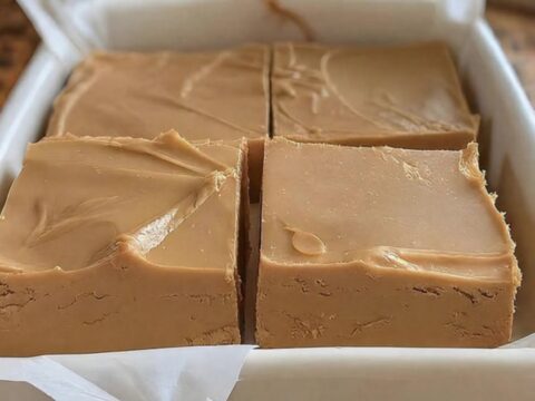 A white ceramic dish filled with thick, perfectly sliced squares of creamy peanut butter fudge near a sunlit window.