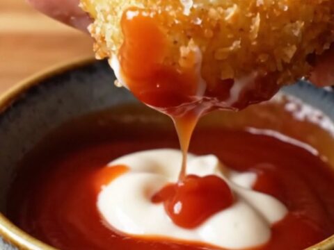 Crispy garlic parmesan hashbrowns on a plate with dipping sauce