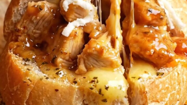 Golden baguette stuffed with hot honey garlic chicken and melted mozzarella, sliced thick with cheese pull