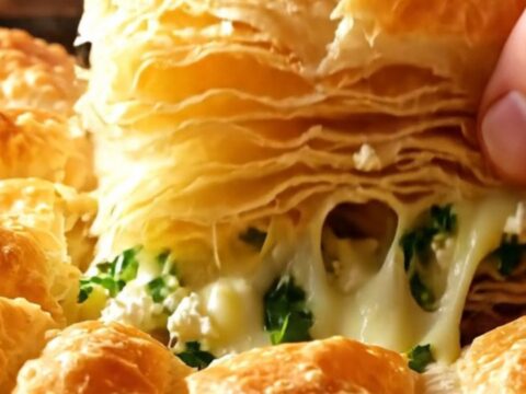 Golden, puffed sparkling water börek squares with crispy layers and feta filling