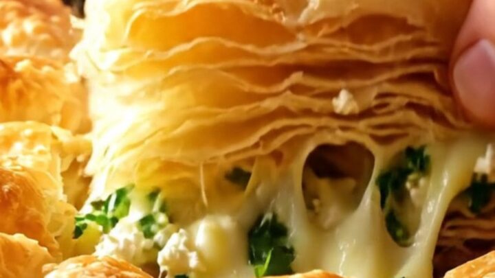 Golden, puffed sparkling water börek squares with crispy layers and feta filling