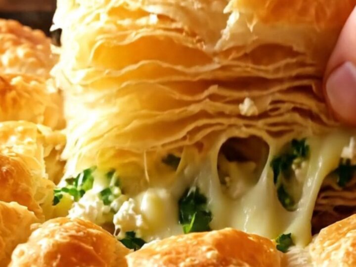 Golden, puffed sparkling water börek squares with crispy layers and feta filling