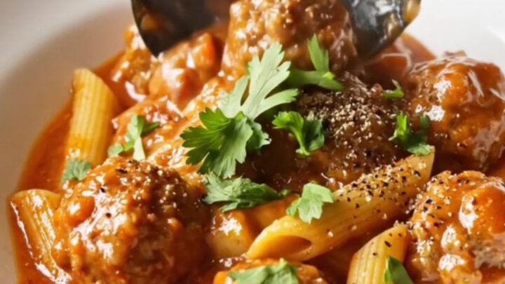 One-pot meatball pasta in a skillet with melted mozzarella and fresh parsley