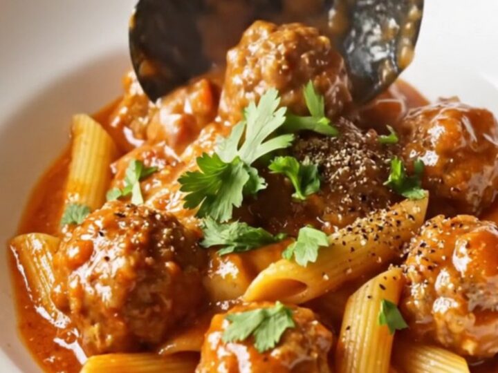 One-pot meatball pasta in a skillet with melted mozzarella and fresh parsley