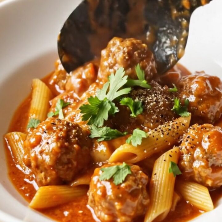 One-pot meatball pasta in a skillet with melted mozzarella and fresh parsley