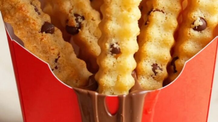 Crispy chocolate chip cookie fries in a red fry carton with a bowl of warm chocolate fudge dip.