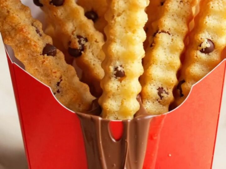 Crispy chocolate chip cookie fries in a red fry carton with a bowl of warm chocolate fudge dip.