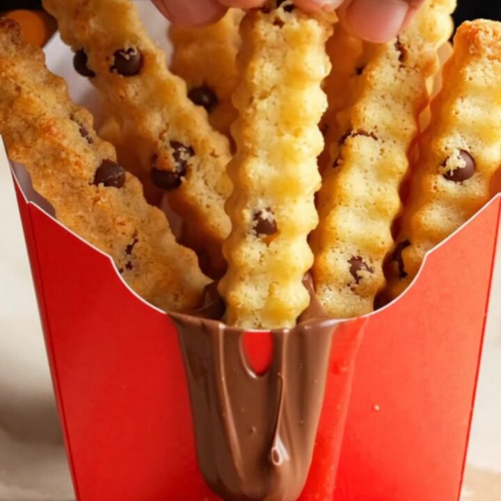 Crispy chocolate chip cookie fries in a red fry carton with a bowl of warm chocolate fudge dip.