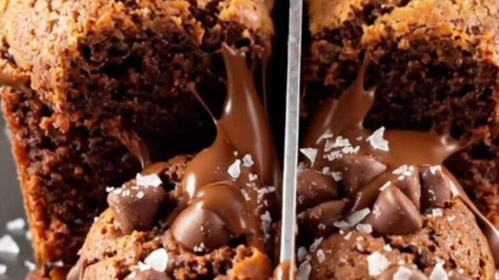 Brown butter brookie cups broken open showing fudgy brownie and cookie layers with melted chocolate.