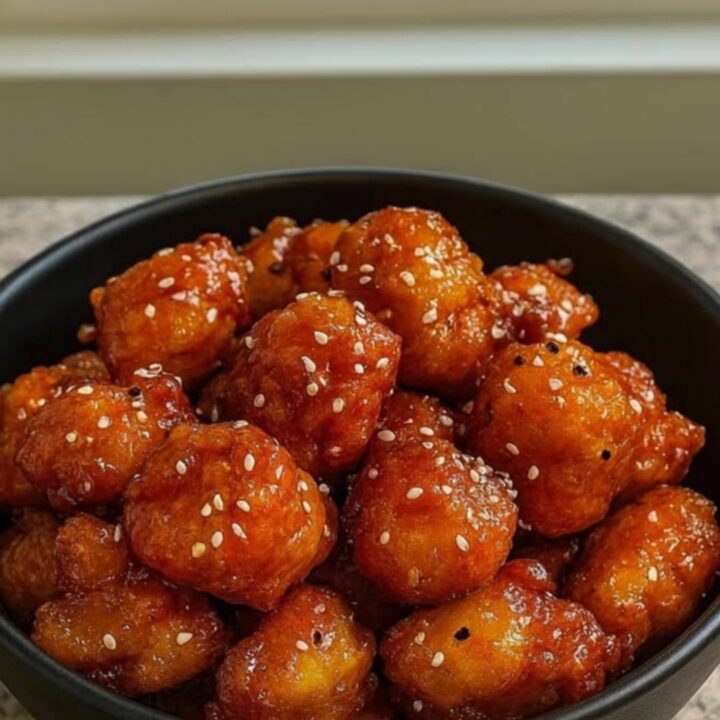 A black bowl filled with crispy honey garlic chicken bites topped with sesame seeds on a granite counter by a window.