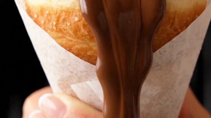 A sugar-coated donut in a paper cone, oozing chocolate hazelnut spread