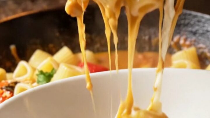 One-pan rustic tomato pepper shell pasta in a skillet with melted cheese and parsley