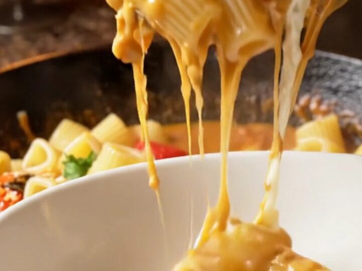 One-pan rustic tomato pepper shell pasta in a skillet with melted cheese and parsley