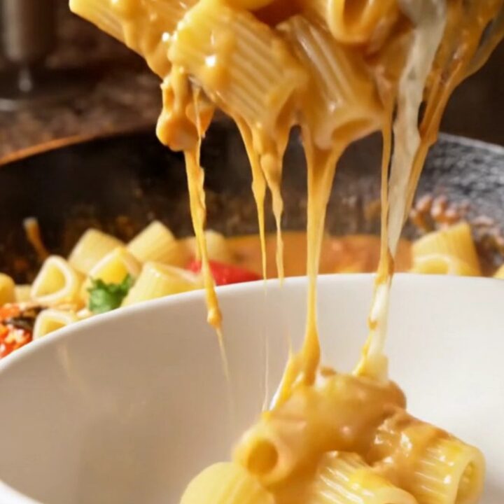 One-pan rustic tomato pepper shell pasta in a skillet with melted cheese and parsley