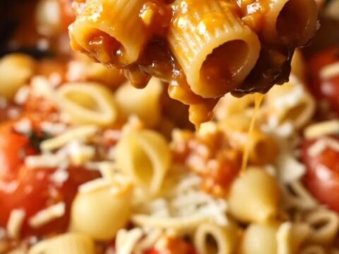 A rustic skillet filled with shell pasta coated in a chunky tomato and pepper sauce