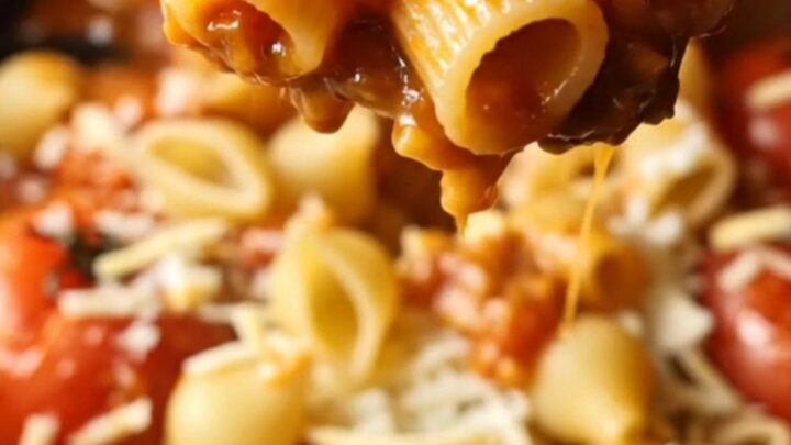 A rustic skillet filled with shell pasta coated in a chunky tomato and pepper sauce