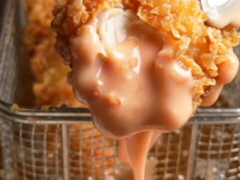 Golden fried chicken fingers stacked on a plate with a small bowl of pink Cane's sauce for dipping.