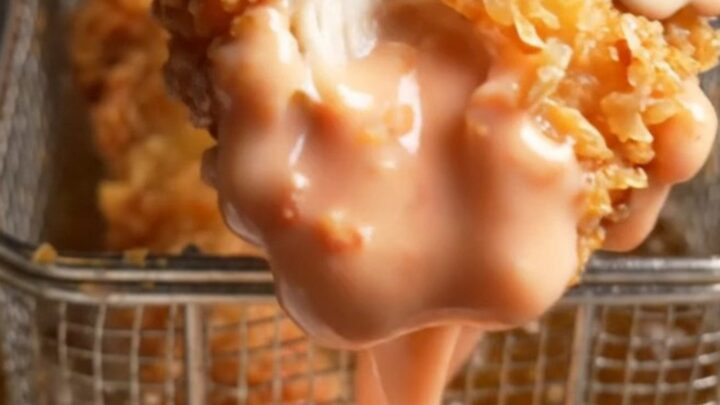 Golden fried chicken fingers stacked on a plate with a small bowl of pink Cane's sauce for dipping.