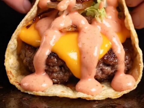 Smash burger tacos with crispy beef, melted cheddar, lettuce, and secret sauce on a plate