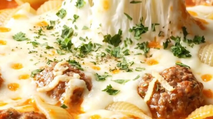 One-pan cheesy meatball shell pasta in a skillet, with melted mozzarella and parsley