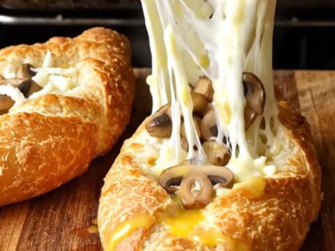 Mini garlic mushroom and cheese boat pides on a baking sheet, golden crust with melted cheese