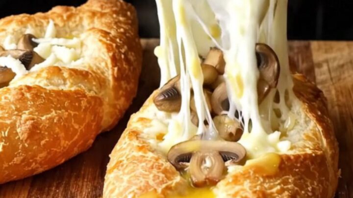 Mini garlic mushroom and cheese boat pides on a baking sheet, golden crust with melted cheese