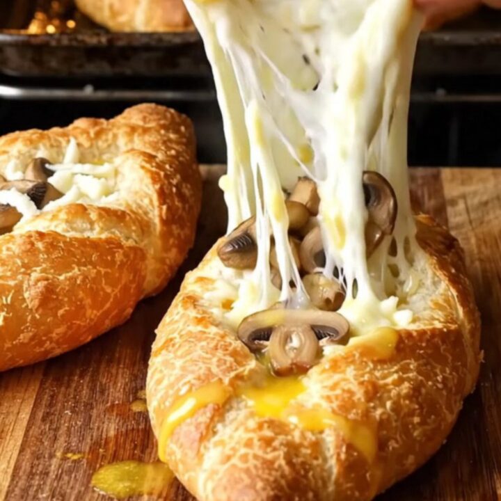 Mini garlic mushroom and cheese boat pides on a baking sheet, golden crust with melted cheese