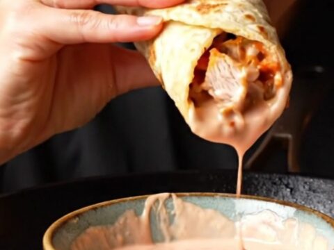 A diagonal slice of a toasted chicken wrap showing juicy spiced chicken, crunchy salad, and pink yogurt sauce.