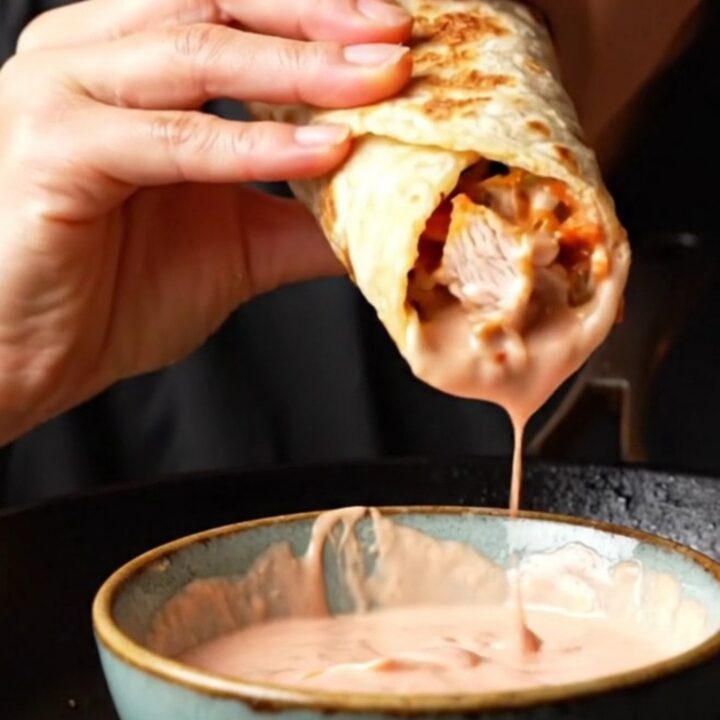 A diagonal slice of a toasted chicken wrap showing juicy spiced chicken, crunchy salad, and pink yogurt sauce.
