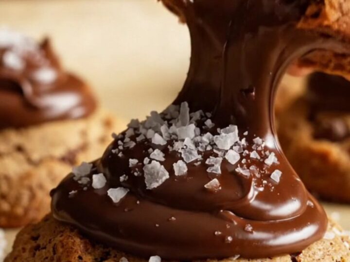 Giant chocolate chip cookie broken in half, showing gooey melted chocolate and a soft center